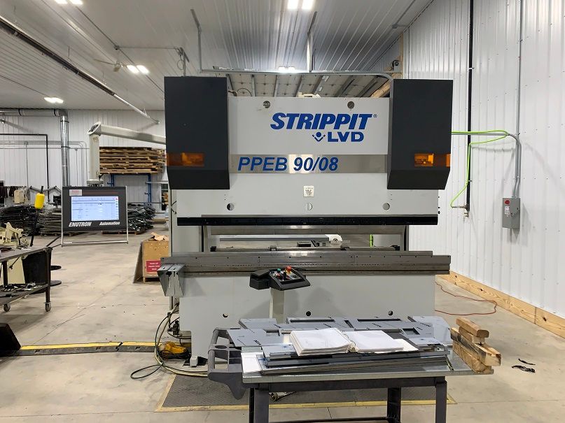 LVD CNC press brake control retrofit. LVD PPEB 90/08 upgraded with Enu640T CNC press brake control. Features graphical programming and collision testing.